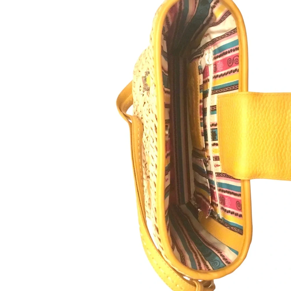 Brighton Carmella Straw Crossbody Yellow Leather Trim Medium Bucket Shoulder Bag